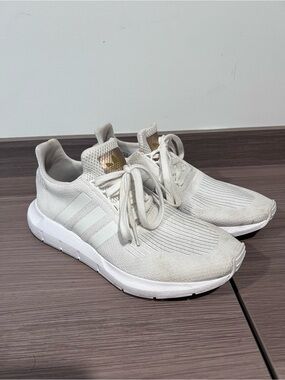 adidas Off-White Knit Athletic Sneakers with Gold Tongue Logo